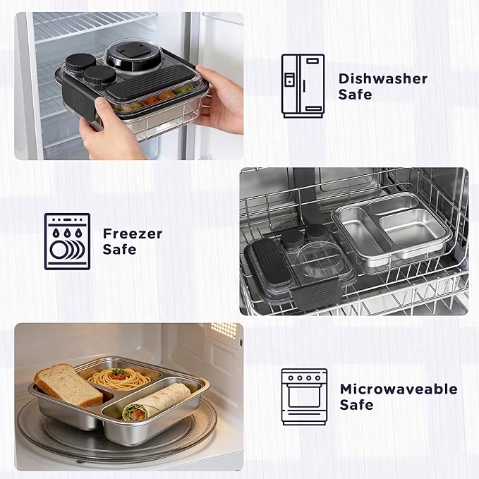 Stainless Steel Bento Lunch Box for Kids Adults with 8oz Insulated Food Jar,Ice Pack,Leak-proof,Dishwasher-Safe,Transparent Lid with Sauce Cup and Cutlery Storage for School & Travel,BPA-Free(Black)