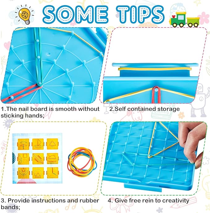 Deekin 36pcs Double Sided Geoboard Mathematical Kids Geoboards with Rubber Bands Math Manipulatives Toy for Geometry, 6.9 x 6.3 Inches Classroom Back to School