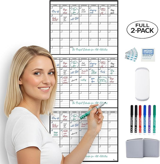 (2 PK) 3 Month Dry Erase Calendar for Wall 40x17, Family Office Large Reusable Big, Monthly Giant Dry Erase Planner, Rolled Whiteboard White Board, Classroom Calendar for Undated Wall Erasable