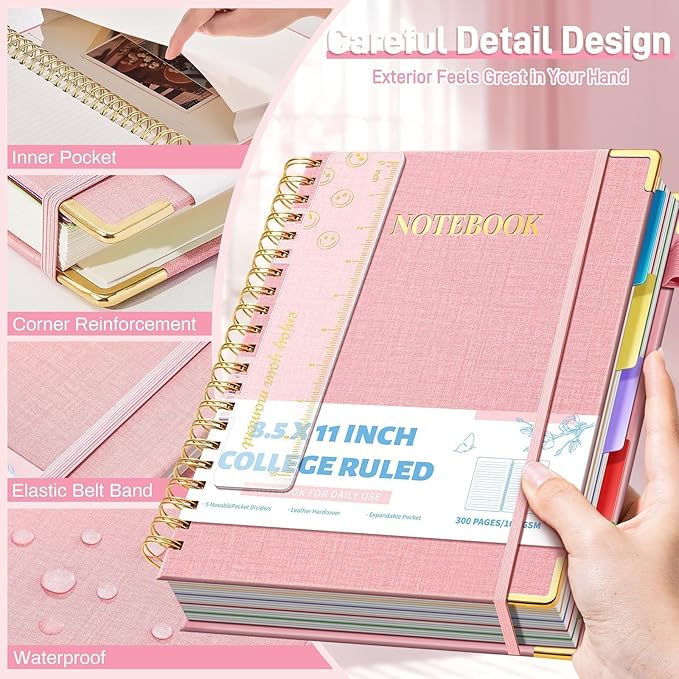 Aeshetic Hardcover Spiral Notebooks for Work with Removable Dividers & Tabs 8.5" X 11" Note Taking 5 Subject Notebook College Ruled A4 Linen Spiral Notebook for School Cute Journals for Women Writing