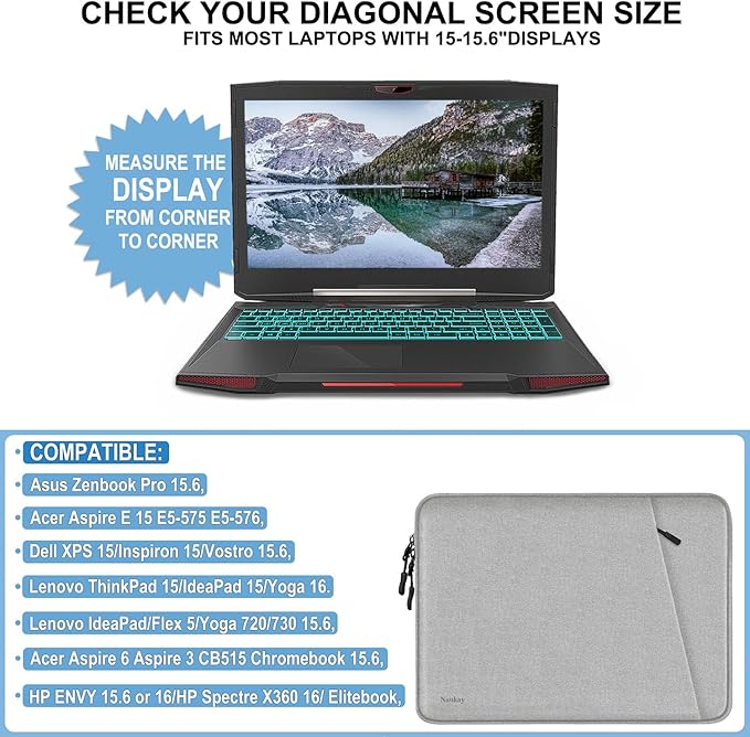 Laptop Sleeve, Shockproof Protective Computer Sleeve Cover with Accessories Pocket, Water Resistant Traveling Carrying 15.6 inch Laptop Bag Compatible for MacBook Dell HP Acer Lenovo, Gray