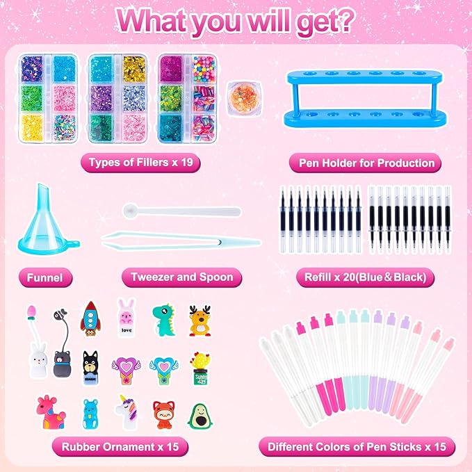 Subao 55+ DIY Glitter Gel Pens Making Kit,Pen Creator Studio,Make Your Own 15 Sparkly Cute Pens,Creative Arts and Crafts for Kids Ages 5 6 7 8,Birthday Christmas Gifts for Girls 9 10 11 12 Years Old