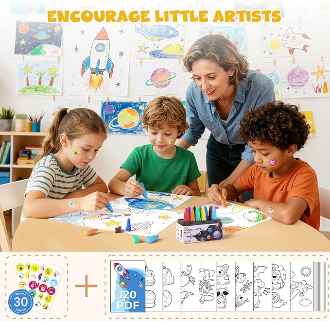 JUPITEARTH 12 Colors Crayons for Toddlers, Non-Toxic Washable Rocket Crayons, Easy-to-Hold Coloring Gifts & Mess-Free Art Supplies for Little Hands