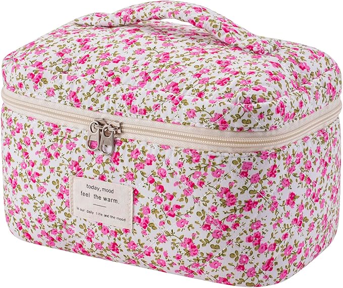uekeboag Large Travel Quilted Makeup Bag for Women | Soft Floral Cotton Cosmetic Bag, Foldable Coquette Aesthetic Toiletry Organizer