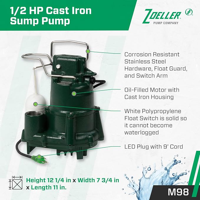 Zoeller M98 Flow-Mate Sump Pump - 1/2 HP - Cast Iron - LED Power Plug - High Flow - Vortex Impeller - Stainless Steel Hardware - Factory Tested and Float Operated - Submersible Sump Pump - 115V