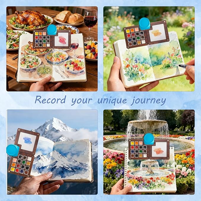 Mini Watercolor Travel Set, 12 Colors Portable Outdoor Art Kit with Walnut Wood 15-Panel Palette, Crossbody Bag, Watercolor Journal, Metal Clip, Water Cup & Brush Ideal for Artists & Beginners