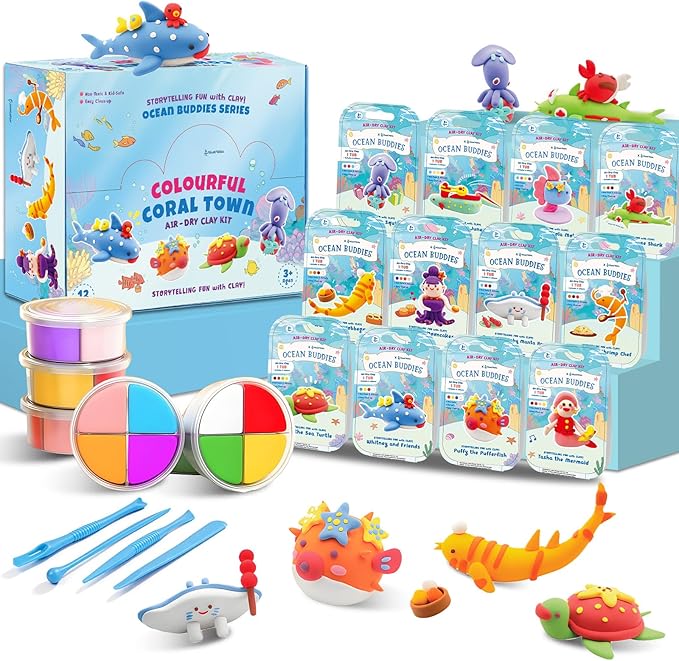 Ocean Buddies Air Dry Clay Kit for Kids - 12 Marine Animal Models with 4 Colors & Sculpting Tools, Ultra Light & Soft Modeling Clay Set, Non-Toxic DIY Arts and Crafts Gift for Boys & Girls Ages 3+