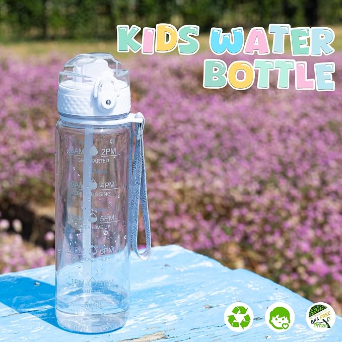OLDLEY 17oz Kids Water Bottle, Tritan BPA-Free, Leakproof Flip Straw Lid, Motivational Time Marker, Carry Strap, Reusable Clear Water Bottle for Boys & Girls,Clear