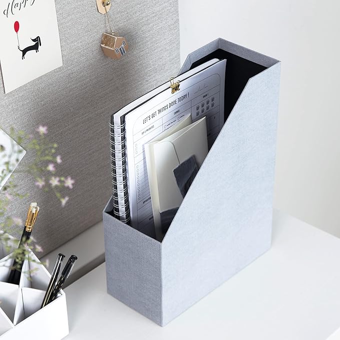 Bigso Box of Sweden Estelle Canvas Fiberboard Upright Magazine Storage Box | Magazine Holder & Organizer for Papers & Catalogs w/Leather Handle for Office Desks | 12.6in x 4.5in x 9.8in | Ash