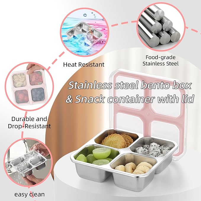 BEFOY 4 Pack Stainless Steel Snack Containers with Lids 4 Compartment Food Storage Containers for Adults & Kids Meal Prep Containers Reusablele (pink, 4)