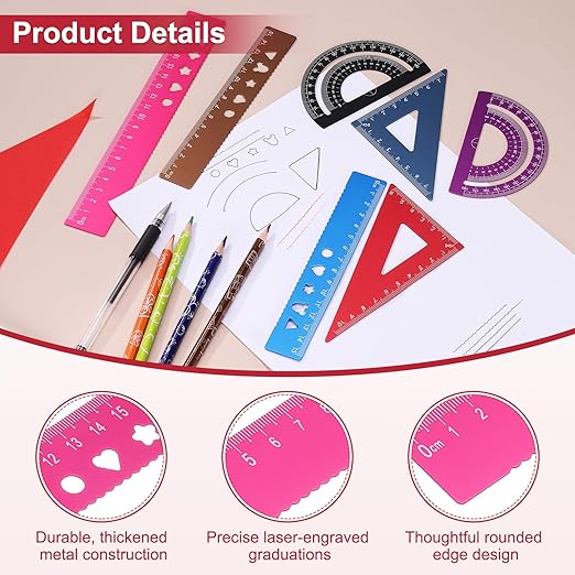 PATIKIL 4 Pcs Geometry Drafting Tool, Aluminum Alloy Geometry Kit Math Tool Includes 15cm L Ruler Protractor Triangles for Drafting Angle Measure Simple Science Experiment, Pink