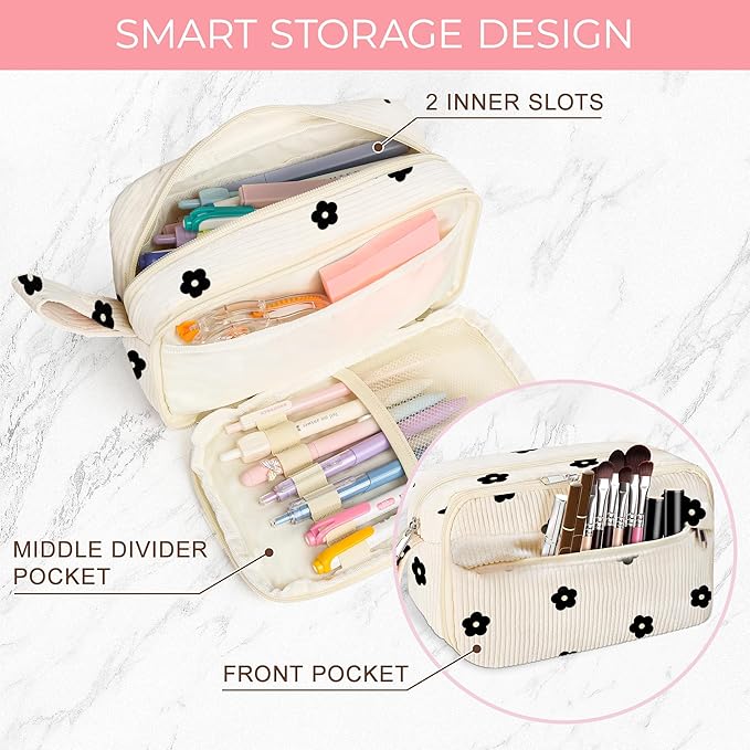 Large Pencil Pouch for Girls,Cute Corduroy Pencil Case Pouch Aesthetic Soft Pencil Bag for School, Zippered Pencil Organizer School Supplies for Girls Women Gift (black floral)