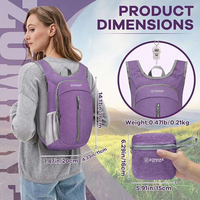 ZOMAKE Lightweight Packable Backpack, 10L Small Foldable Daypack for Hiking | Water Resistant Collapsible Backpacks for Women Men,Everyday Carry,Multi Compartment Storage,Adjustable Strap(Light PurpleA1)
