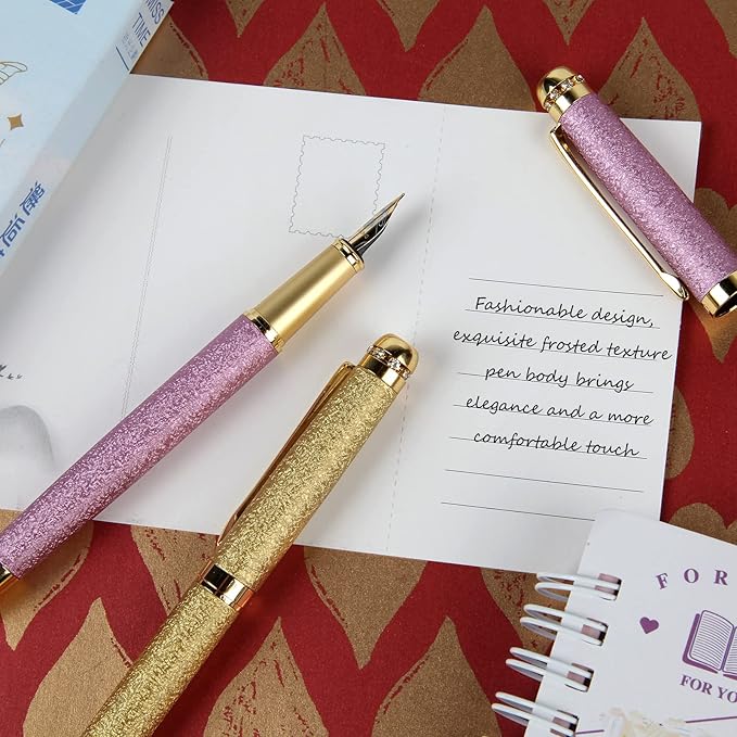 fountain pen-Multiple color styles with rhinestone,diamond inlay and frosted finish,Cute pens,Luxury pen,Office pens,Best pen set,Includes 10 Ink Cartridges and Ink Refill Converter(Pink)