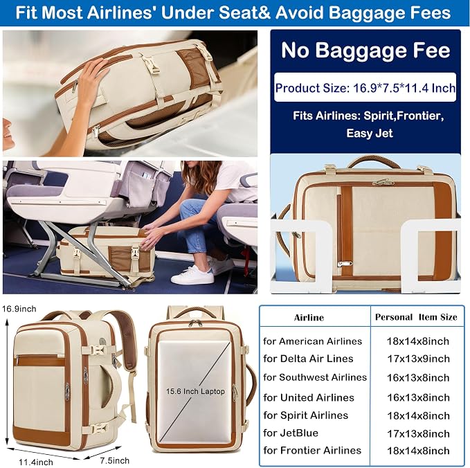 EZUOLA Large Travel Backpack for Women Airline Approved Carry On Backpack with Shoe Pouch,TSA 17.3 inch Laptop Mochila Flight Approved Casual Daypack for Weekender Bookbag Travel Essentials,Beige