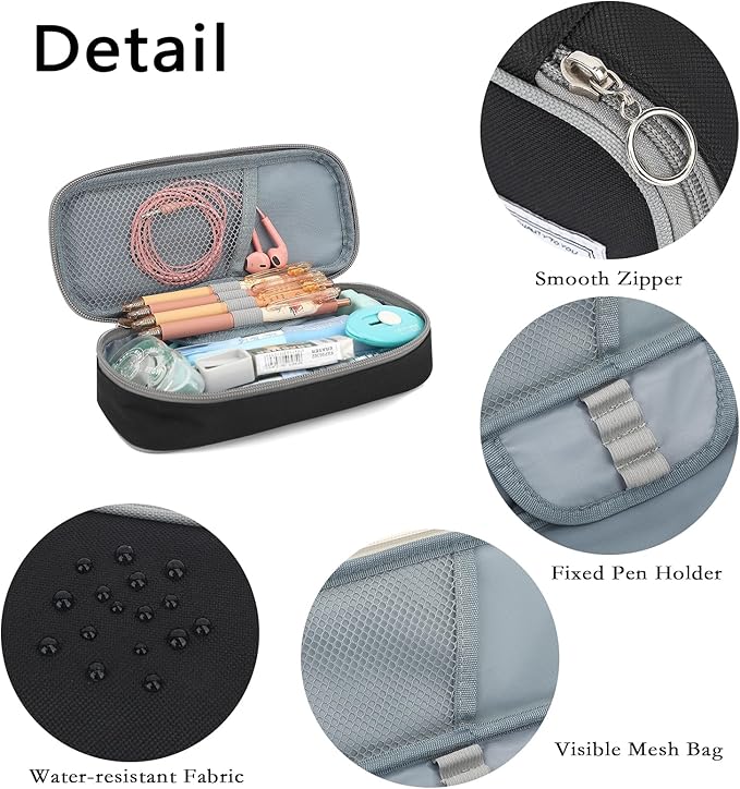 FUXINGYAO Pencil Case, Multi-compartment Pencil Pouch, Portable Pencil Bag (Black with Gray)