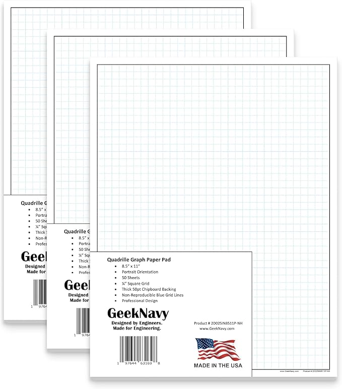 GeekNavy 8.5" x 11" Quadrille Graph Paper 50 Sheets Portrait - 0.25" 4x4 Square Grid, Blueprint, High Brightness, Border-Outlined, Drafting (3-Pack)