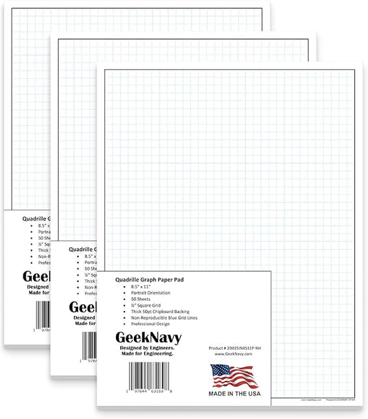 GeekNavy 8.5" x 11" Quadrille Graph Paper 50 Sheets Portrait - 0.25" 4x4 Square Grid, Blueprint, High Brightness, Border-Outlined, Drafting (3-Pack)