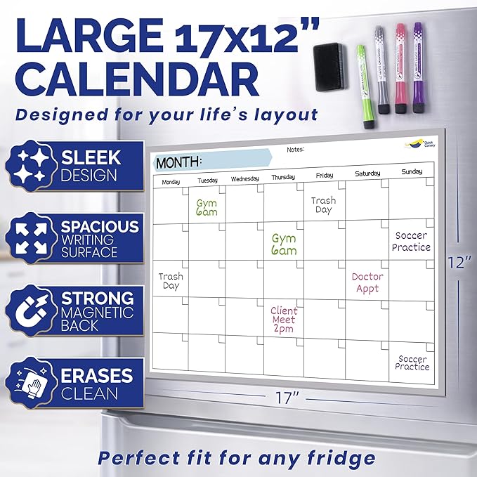 Monthly Magnetic Calendar for Refrigerator - 17x12” Stain-Resistant Dry Erase Fridge Calendar Whiteboard with Large Writing Space for Schedules, Chores & Meals - With 4 Markers & Eraser - Monday Start