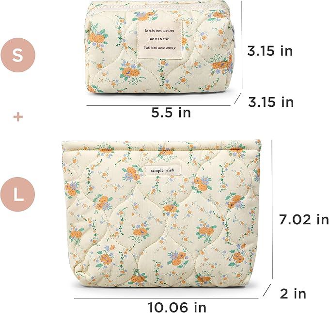 Sminra 2 Pieces Floral Makeup Bag, Cute Travel Quilted Pouch Cosmetic Bag Organizer, Small Cotton Coquette Aesthetic Purse Toiletry Bag for Women Girls accessories (2PCS-Beige Floral)