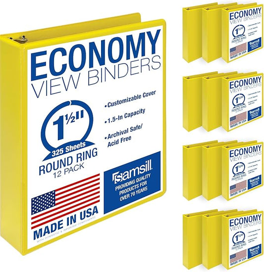 Samsill 1.5 Inch 3 Ring Binders, Economy Round Ring, Clear View Cover, 325 Sheet Capacity - for School, Home, Office - Yellow, 12 Pack