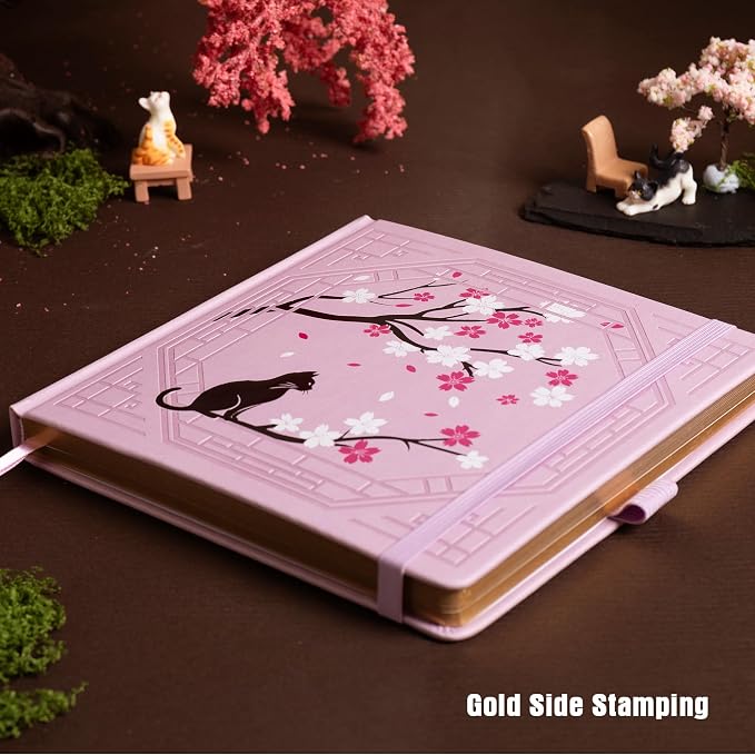 TIEFOSSI Square Dotted Journal, Cute Cat Journal for Women Girls, Dot Notebook with Pretty Sakura Pattern, Aesthetic Diary for Writing Journaling Drawing, Golden Edges, 8 x 8 IN