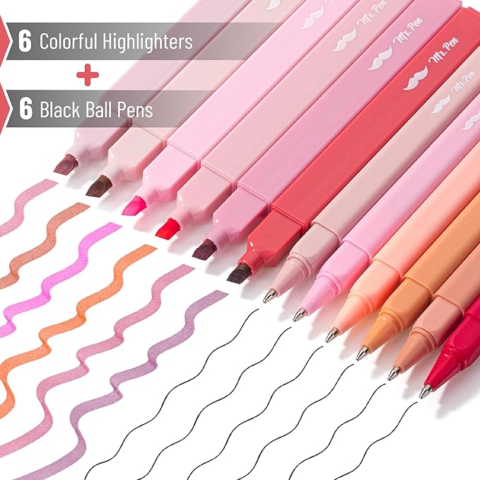 Mr. Pen- Aesthetic Highlighters and Ballpoint Pens No Bleed, 12 Pack, Shades of Pink, Bible Highlighters and Pens No Bleed, Fast Dry and No Smear for Bible Journaling, Planner, School Supplies