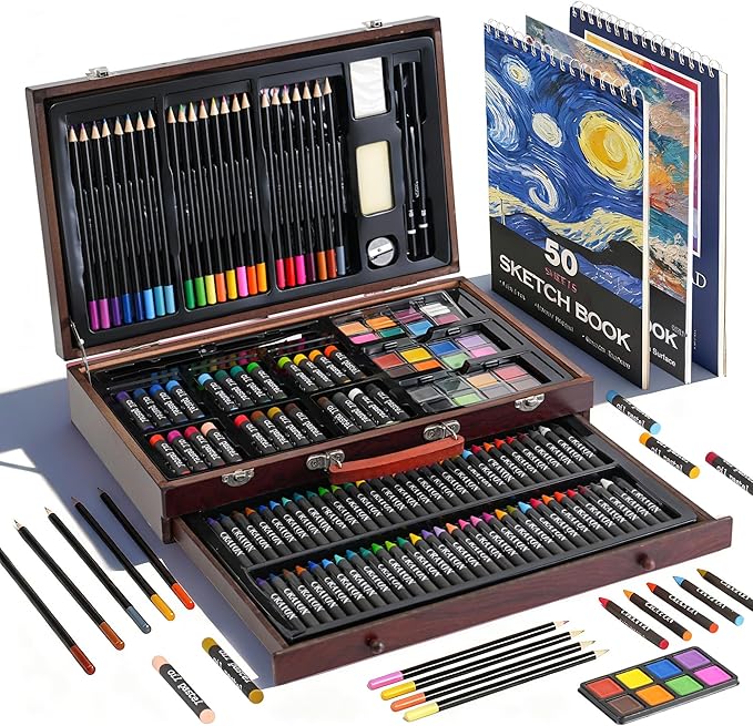 GOTIDEAL 143 Piece Kids Coloring Set,Arts and Crafts Kits with 3 Drawing Pads,Waterclolr Paints,Crayons,Colored Pencils,Paint Set in Wooden Case,Professional Art Kit Gift,Kids,Teens,Beginners（Auburn）