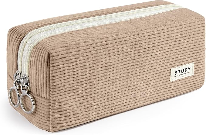 KALIDI Large Pencil Case Corduroy Pencil Pouch Box Cute School Supplies for Teen Girls Boys, Dark Khaki