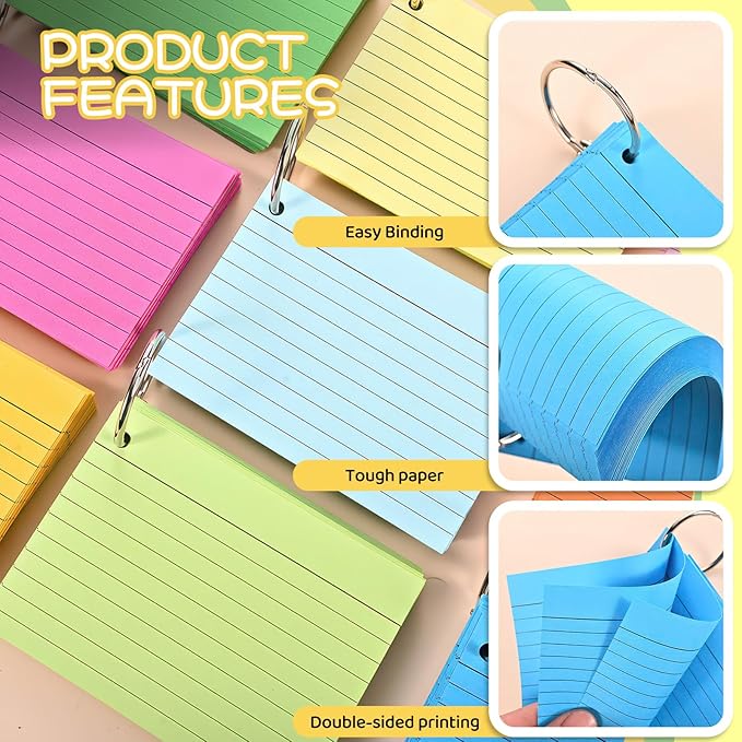 Huakaile 1000 Pieces Colored Index Cards, 3" x 5" Ruled Flash Cards with Ring, Double-Sided Lined Note Cards for School Study College to Do List Office (10 Colors)