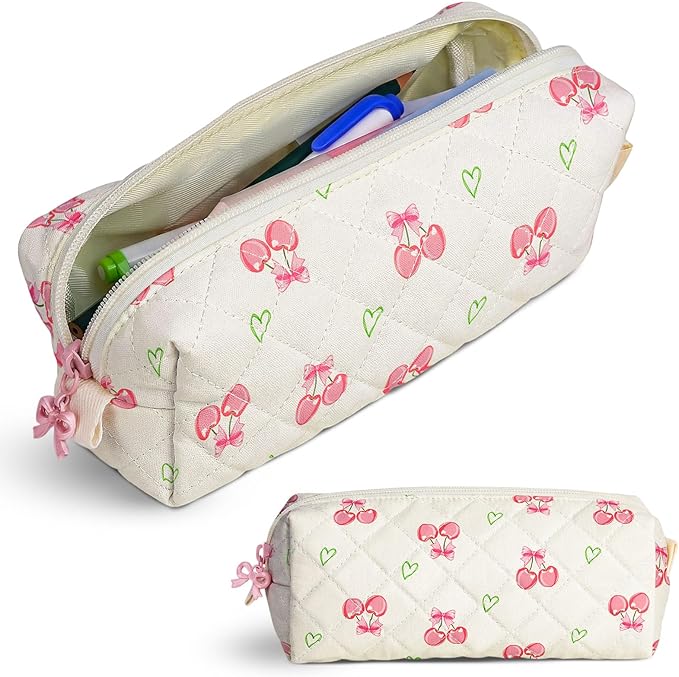 Cute Quilted Pencil Case for Girls Women, Aesthetic Small Floral Pencil Pouch,Slim Soft Pencil Bag for School Supplies Makeup Pouch for School & Daily Use (Cherry Heart)