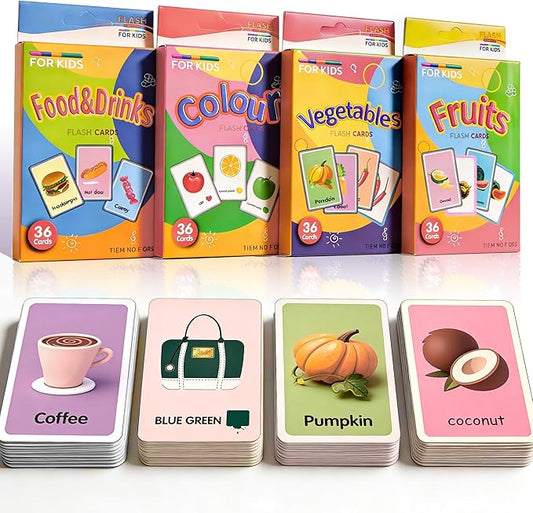 4 Set in 1, 144 Pcs Flash Cards for Toddlers 1-3, Word-Picture Recognition - Food & Drinks, Vegetables, Fruits, Color Flashcards for Toddler 1-3, Flash Cards for Toddlers 1-3