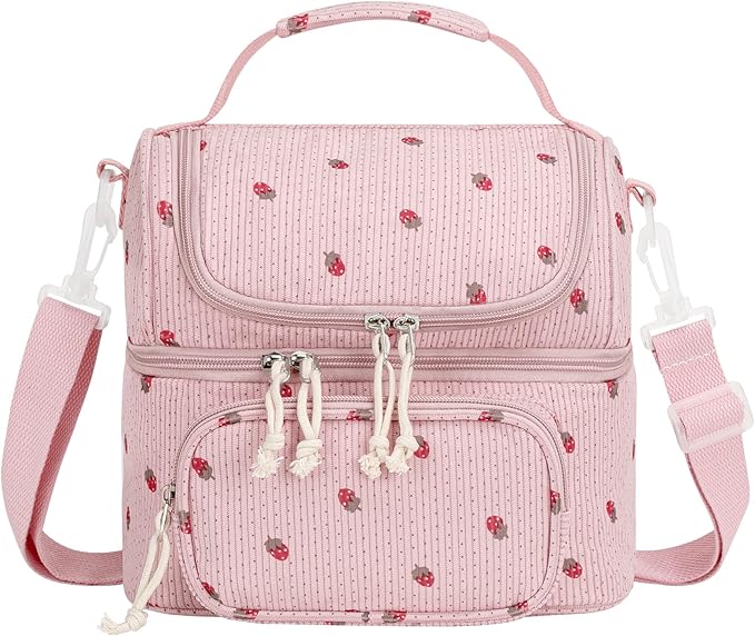 HowFly Lunch Bag for Women Insulated Lunch Boxes Corduroy Resuable Double Deck Lunch Box for Girls Teens Kigs Boys Portable Thermal Cooler Bags for School Work, Pink Strawberry (Red)