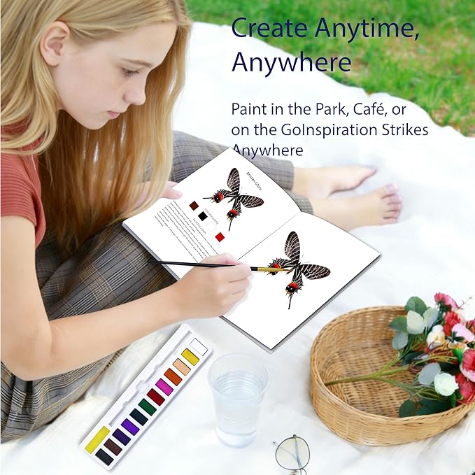 CraftyManor Watercolor Workbook Creative Insect Water color Paint Book Set with Paints & Brush, 12 Patterns of Original DIY Designs, Beginner-Friendly Adult Coloring Books (Butterfly)