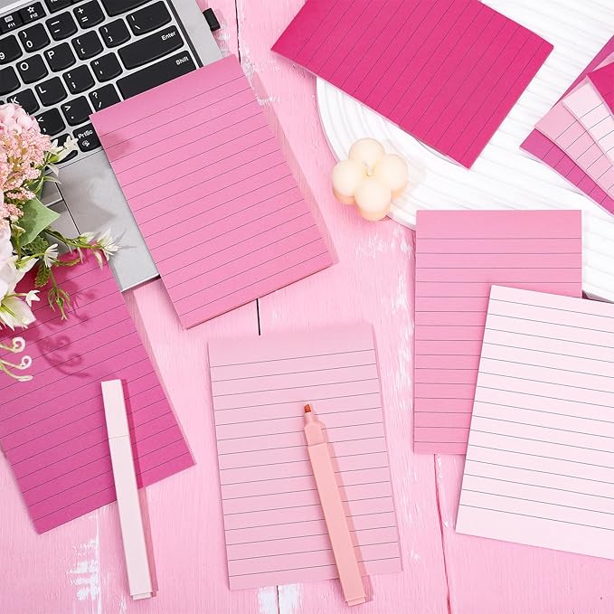 JarThenaAMCS 12Pcs Pink Lined Sticky Notes 6 Colors Gradient Pink Self-Adhesive Notepads Removable Memo Pad for Office School Home Supplies, 4 x 6 Inch