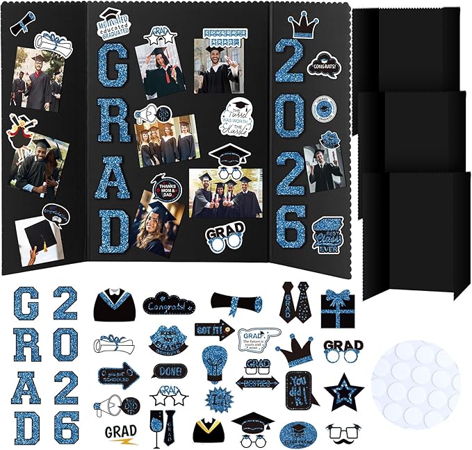 MiniInflat 4 Set 2026 Graduation Picture Trifold Poster Board Double-sided Foldable Photo Display Board Graduation Decoration for Class of 2026 High School College DIY Craft(Blue,24 x 16 Inches)