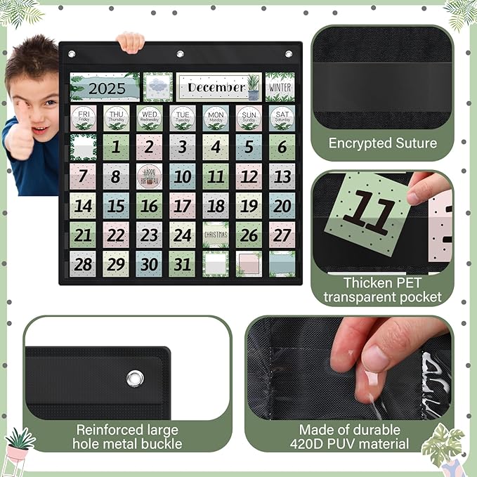 119 Pcs Classroom Calendar Pocket Chart Black Monthly Bulletin Board Set Seasons Festival Weather Farmhouse Calendar Set for Classroom Decoration Back to School Supplies(Greenery)