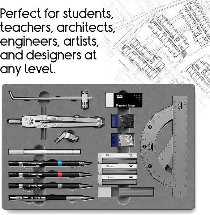 Mr. Pen- Professional Geometry Set, 17 pcs, Metal Compass, Mechanical Pencils, Rulers, Protractor & Set Squares, Lead Refills, Extra Screws & Needles, Drafting Kit for Math, Engineering & Architecture