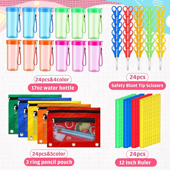 24 Sets Backpacks Bulk with School Supplies Include Sturdy Oxford Backpacks Water Bottles Pencil Pouches Scissors Rulers for Back to School Student Supplies Bulk Donation Gift Set(Simple)