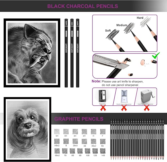 HIFORNY 36 PCS Sketching Drawing Pencil Set,Sketch Pencils Art Supplies with Graphite,Charcoal,Blending Tools,Accessories,Drawing Kit for Adults Artists in Canvas Roll Up Case