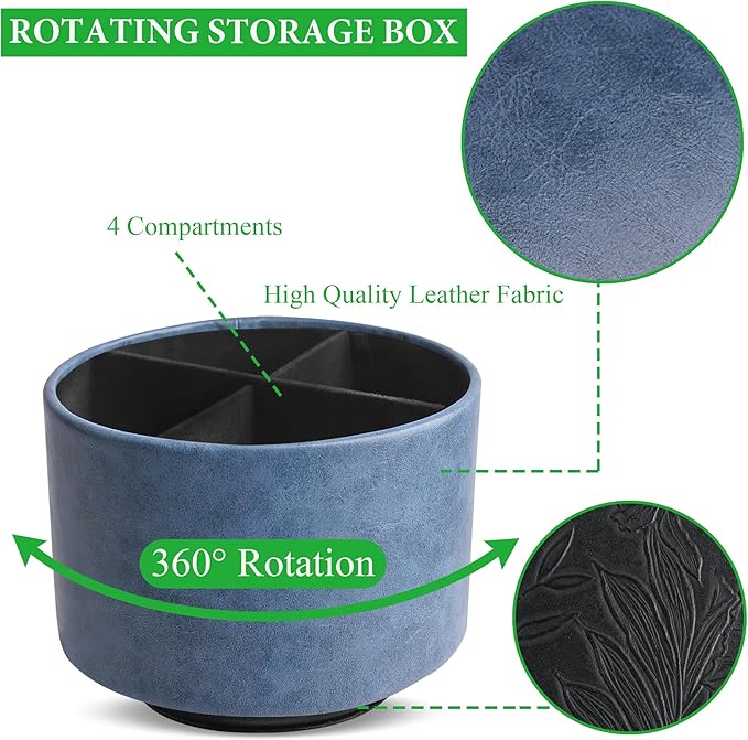 Round Leather Art Supply Organizer,Remote Control Holder,360 Degree Spinning,Multi-Functional Pencil Holder,4 Compartments Desktop Stationary Organizer(1-Oil Blue)