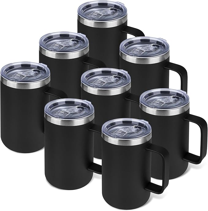 22oz Insulated Coffee Mug with Handle & Leak-Proof Lid - Double Wall Stainless Steel Travel Tumbler Bulk for Commute/Office/Home, Black, 8 Pack
