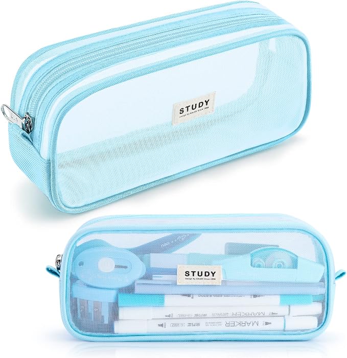 Grid Mesh Pencil Case Pouch Large Capacity Pencil Bag with Zipper | Big Pencil Pouch Blue Simple Stationery Bag Aesthetic Pen Bag for School Teen Girl Boy Multi-Purpose Bag for Office Men Women