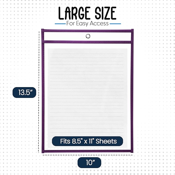 Essex Wares - 6 Pack, Grape, Durable Water-Resistant Dry Erase Pocket Document Protectors, 10" Wide x 13.5" Tall - Dry Erase Clear Plastic Sleeves - Reusable & Easy Erase Plastic Invoice Holders
