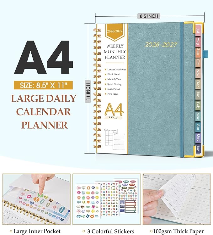 Academic Planner 2026-2027, Hardcover Leather Weekly and Monthly Calendar Planner from July 2026 - June 2027, A4 8.5" x 11" Daily Agenda with Tabs, College School Organizer for Student Teacher, Dusty Blue