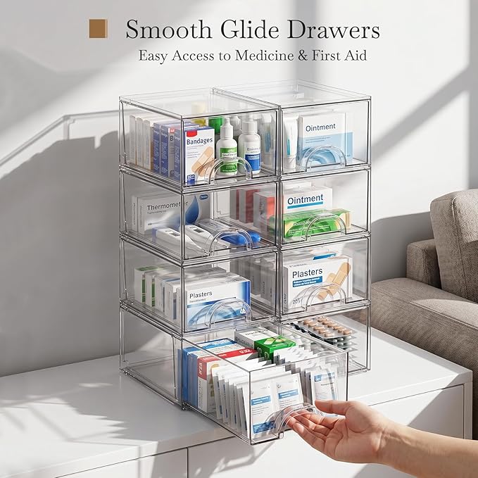 8 Pack Small Clear Stackable Acrylic Storage Boxes for Art Tool & Sketch, Storage Drawers, Storage Organizer, Clear Plastic Makeup Organizer, Ideal for Vanity, Cabinet, Desk Organization