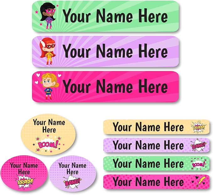 Lovable Labels Personalized Labels for Kids (85 Labels/Pack) - 3 Label Sizes Waterproof Dishwasher Safe Peel & Stick Labels for School Supplies Daycare Camp Clothing Bottles (Wonder Girls)