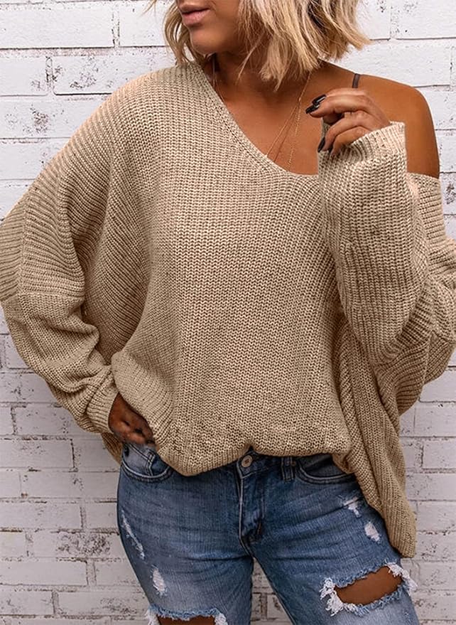 BZB Women's V Neck Long Sleeve Knit Loose Oversized Pullover Sweater Top