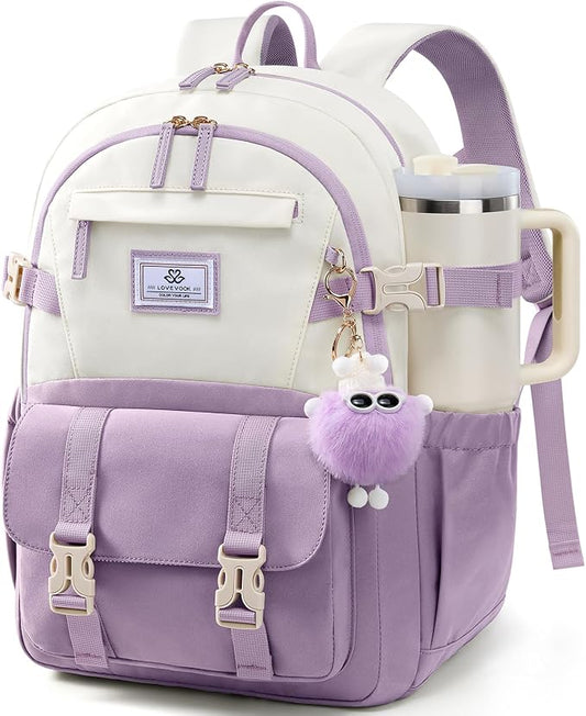 LOVEVOOK School Backpack for Teen Girls, Bookbag for 8-16 Student, Middle High College Back to School Cute Kids Backpack, 17.3 Inch, Purple-beige