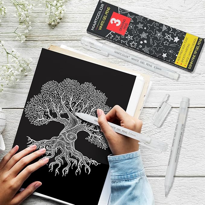 MARTCOLOR White Gel Pens, 0.5mm Extra Fine Point Opaque Archival Ink Pen for Black Paper Drawing, Art Highlight, Illustration, Bullet Journaling, Card Making & DIY Projects, 3 Pack